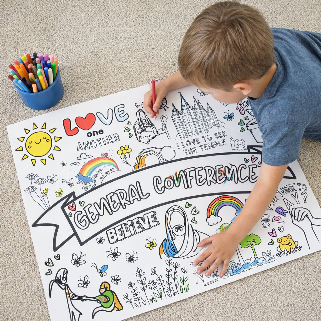 LDS kids conference activity poster with many small coloring spaces and church-themed icons