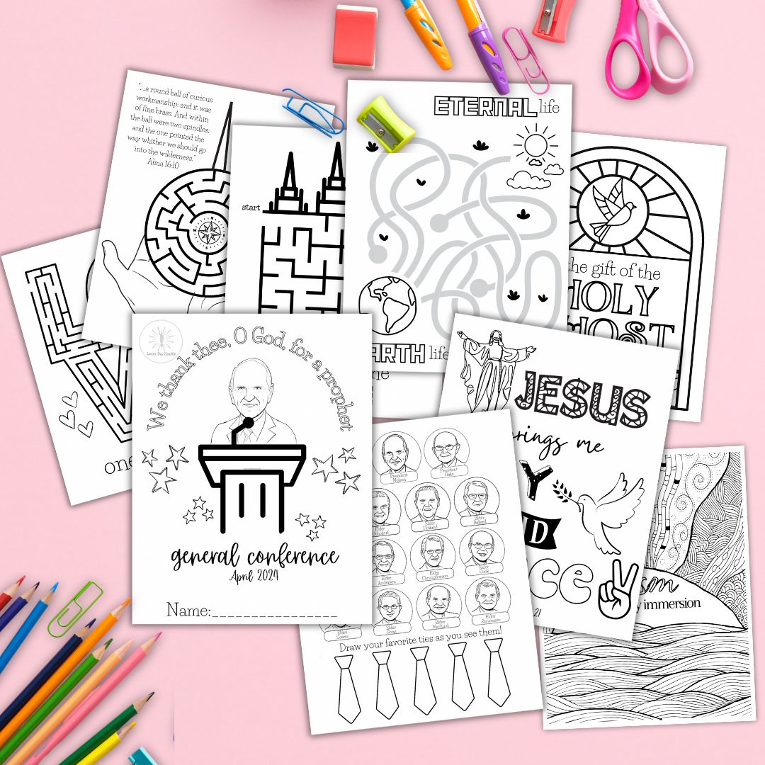 20-page LDS kids activity packet spread with puzzles and quiet conference activities