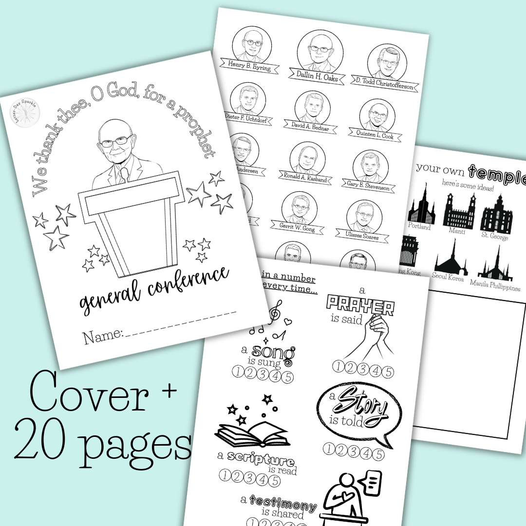 20-page LDS kids activity packet spread with puzzles and quiet conference activities