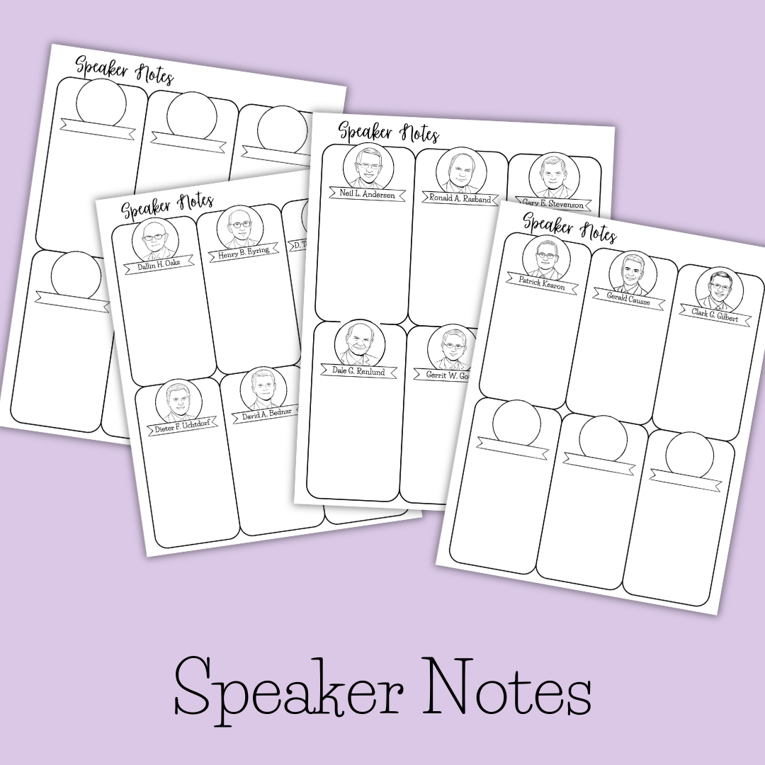 Teen LDS conference packet layout with clean note spaces for each session