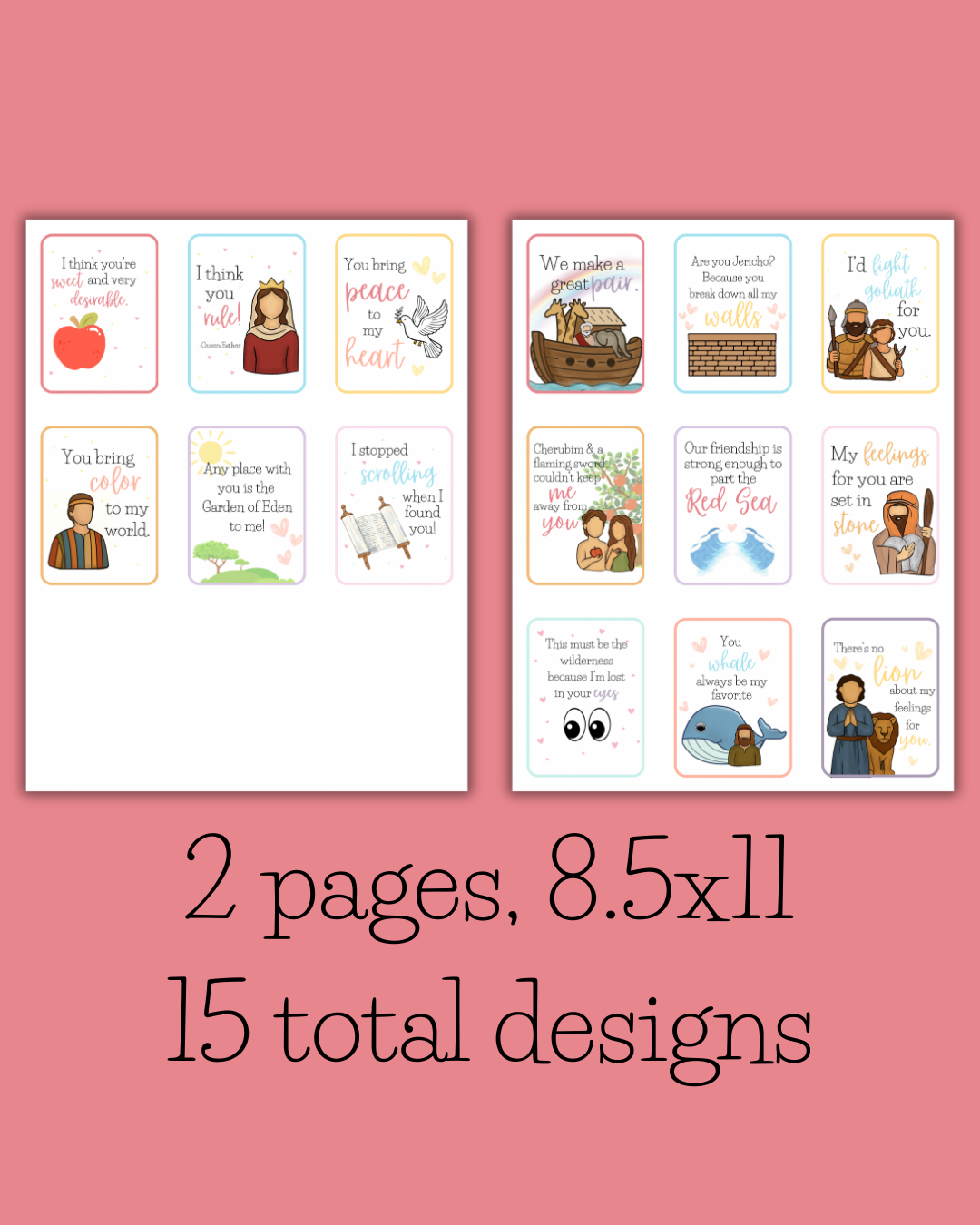 Set of 15 printable valentines cards  that use Bible/religious humor and puns on 2 pages, 8.5x11