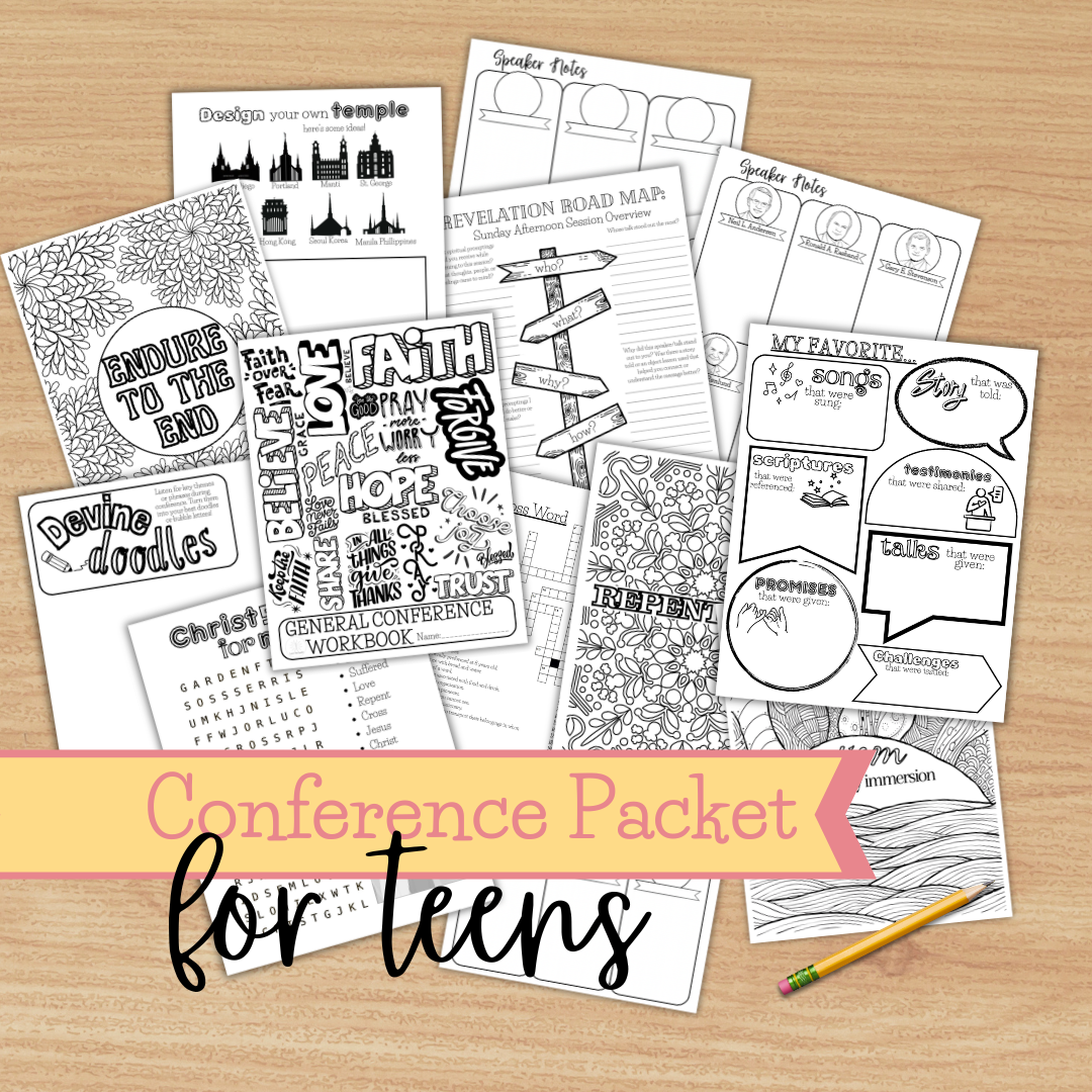 LDS General Conference teen packet with note-taking pages and gospel application prompts