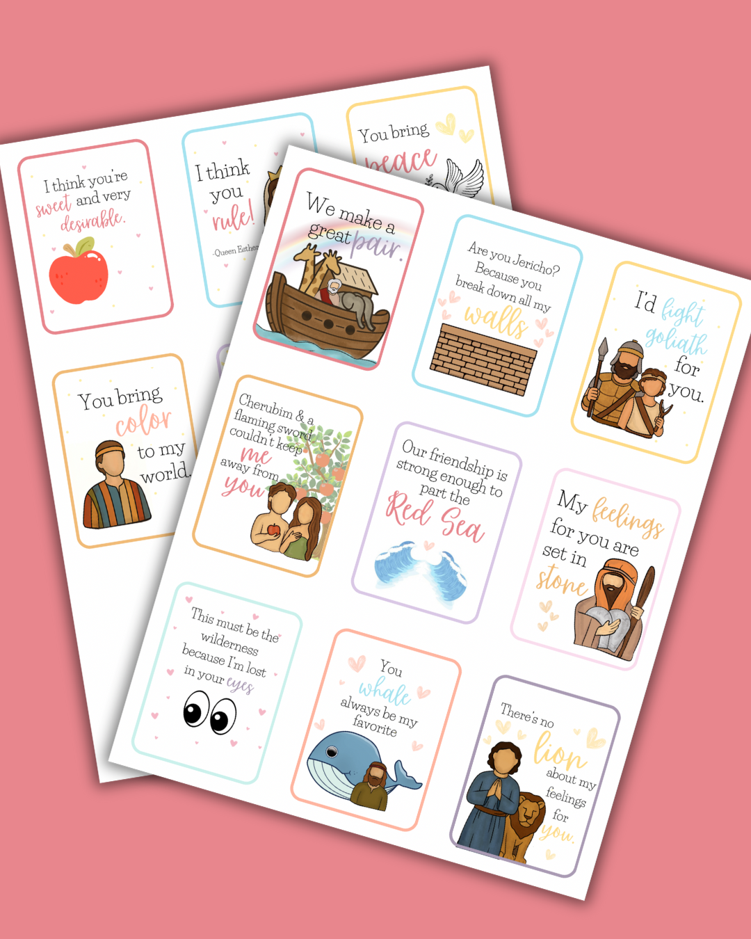Set of illustrated Valentine cards with various scripture story Jokes and messages on a pink background