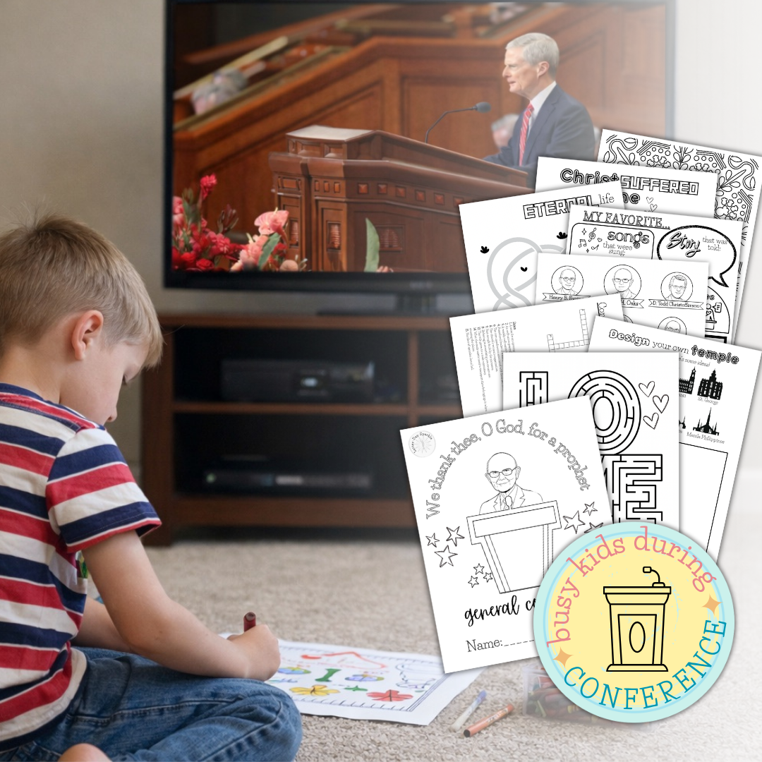 Kids General Conference listening activity worksheet with simple LDS church-themed design
