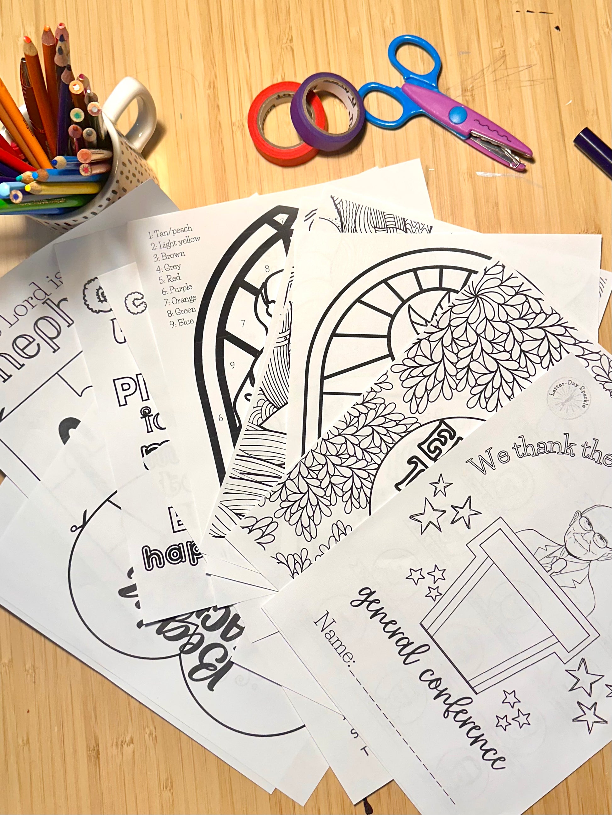 LDS General Conference kids activity packet pages with puzzles, mazes, and coloring printables