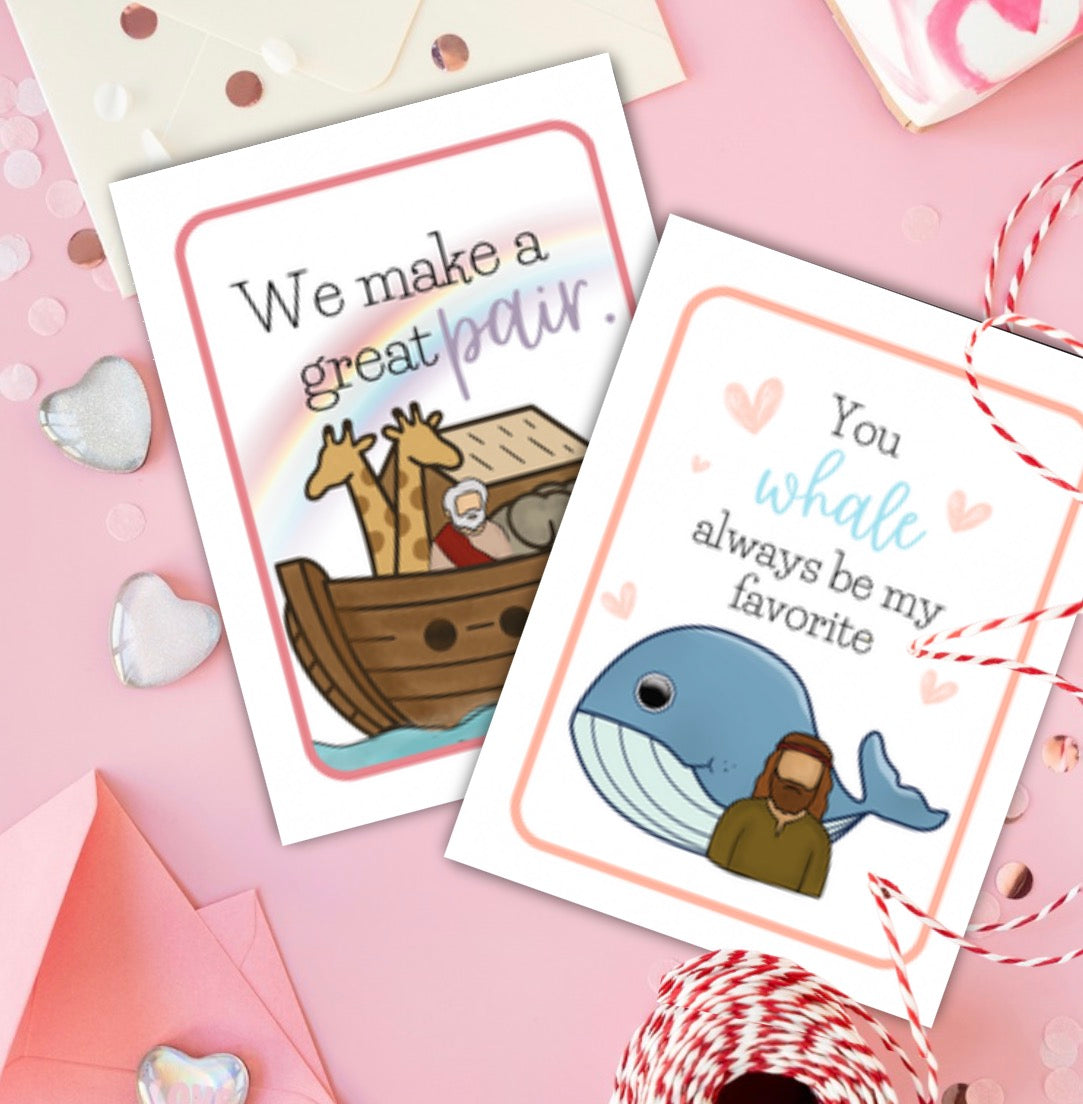 Valentine's Day cards with illustrations of Noah's Ark and a whale from the old testament