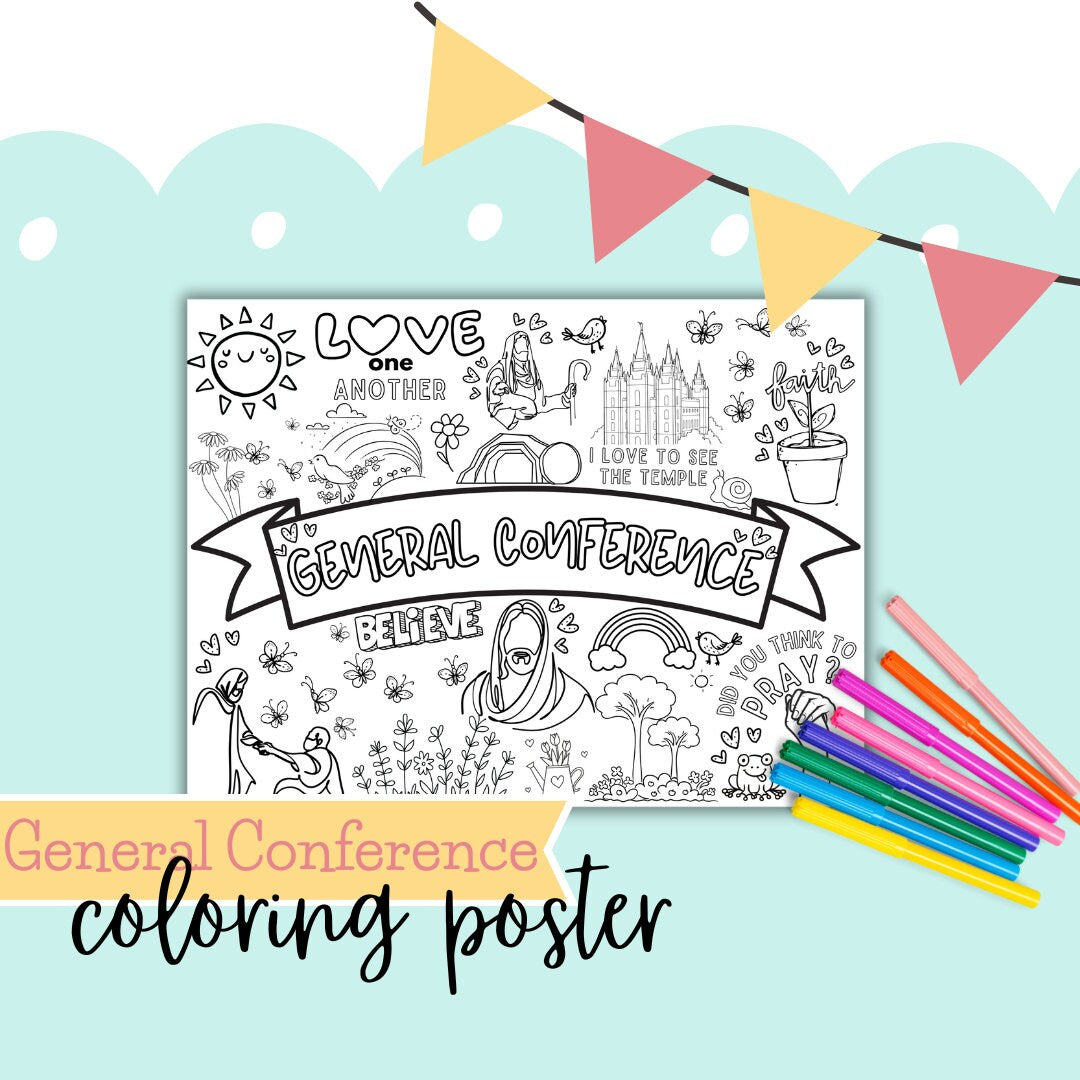 Large LDS coloring poster spread on table with multiple sections for kids to color during conference