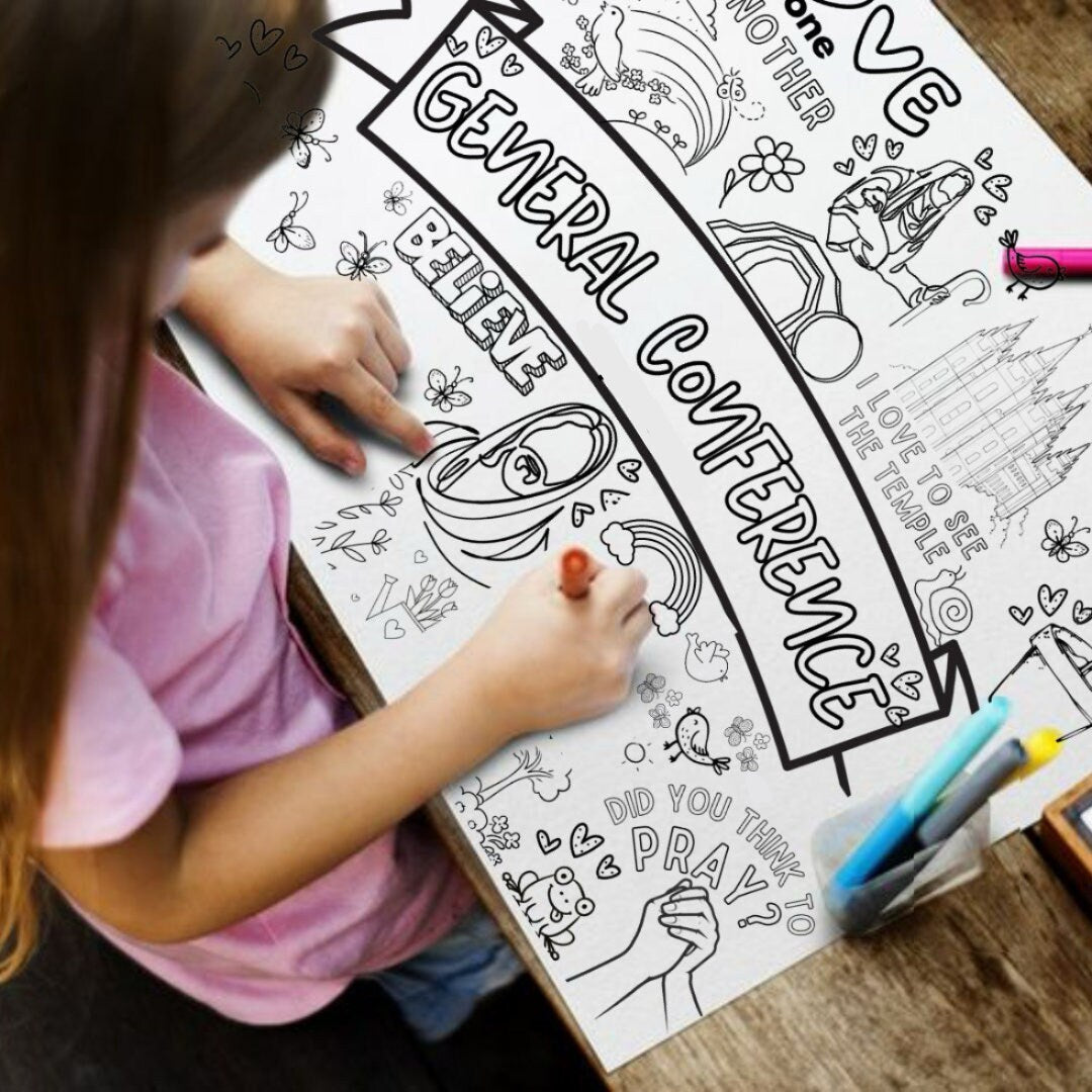 LDS General Conference coloring poster 18x24 engineer print with small gospel-themed designs for kids